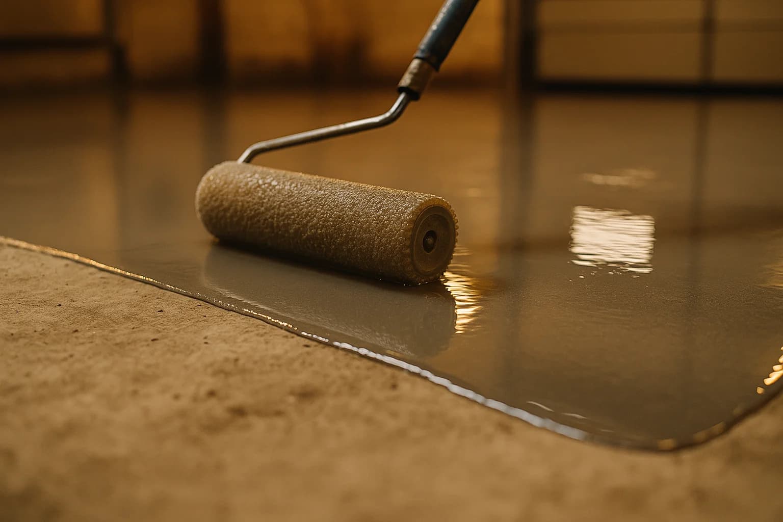Close-up van epoxyhars applicatie met roller op betonvloer in garage