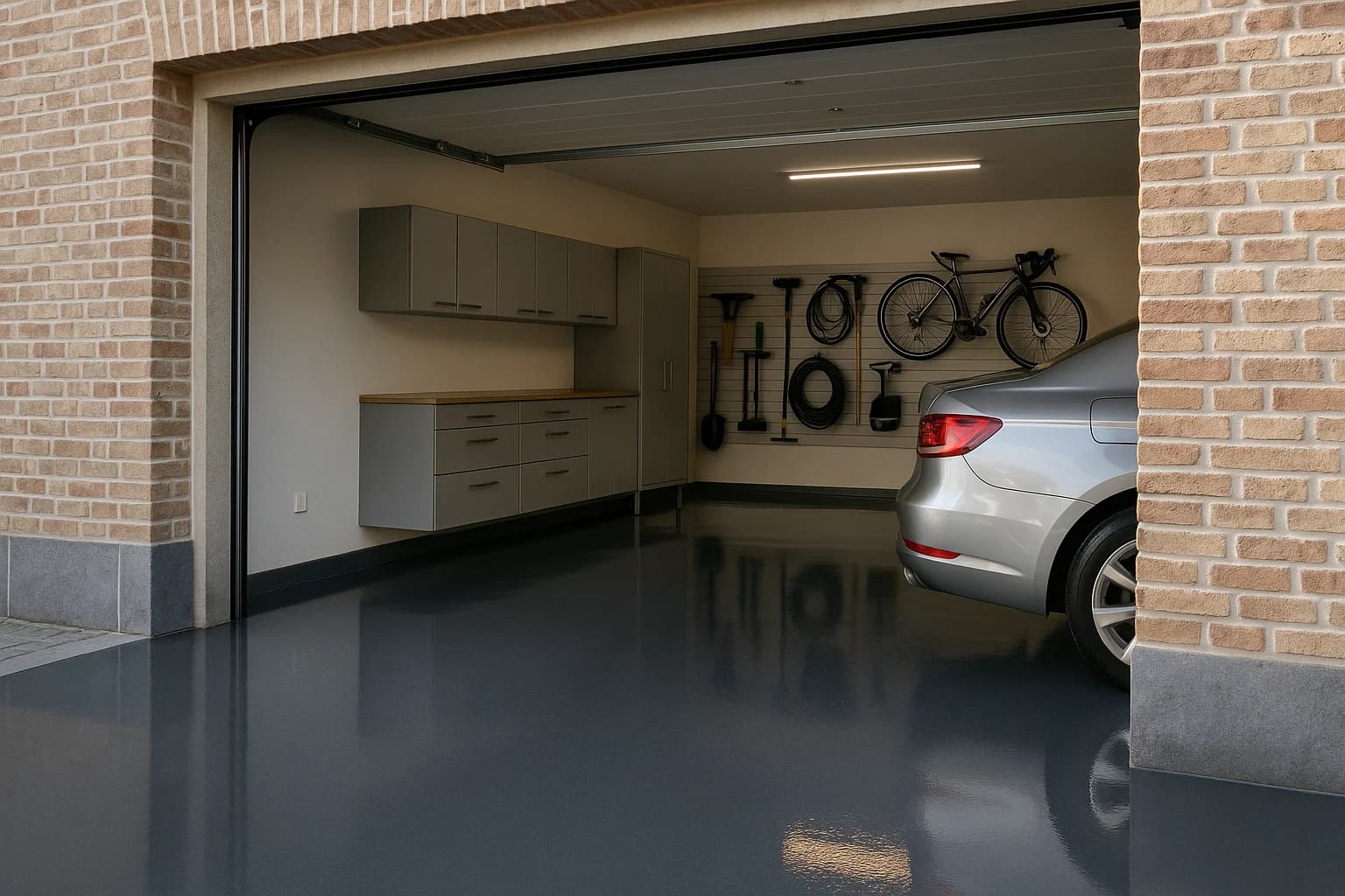 Moderne garage met glanzende antraciet epoxyvloer en georganiseerde opbergruimte