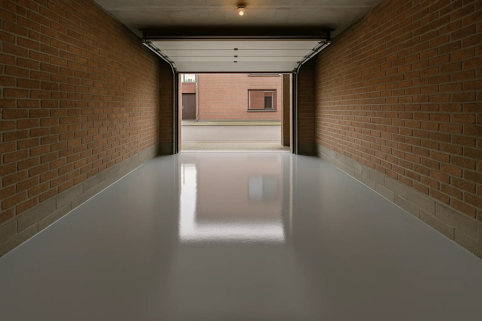 Glanzende lichtgrijze epoxyvloer in Belgische garage na professionele behandeling
