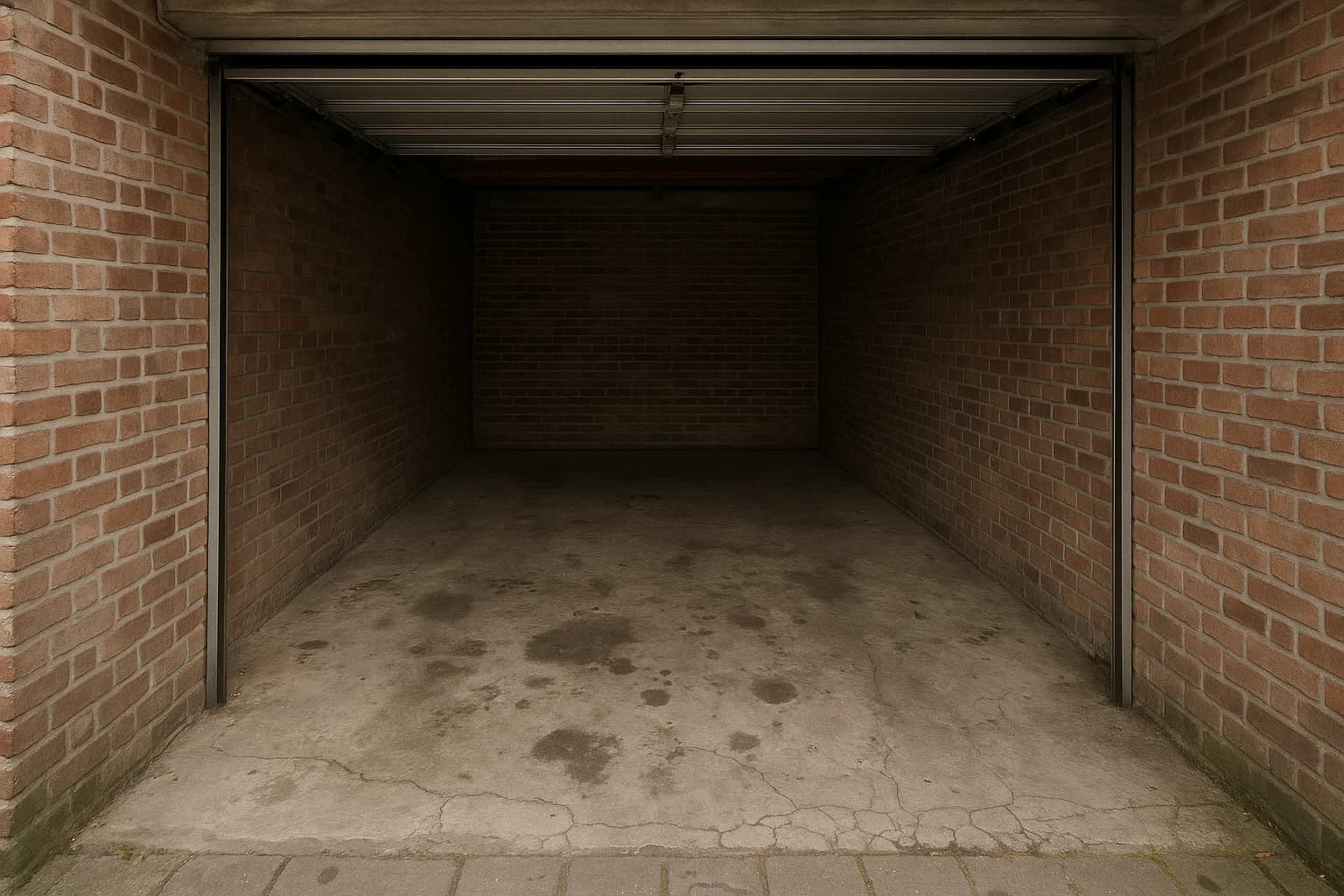 Oude betonvloer in Belgische garage met olievlekken en scheuren voor epoxy renovatie