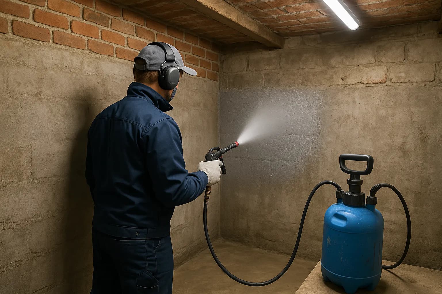 Professionele vochtbestrijding specialist brengt waterdichte coating aan op keldermuur in Belgische woning